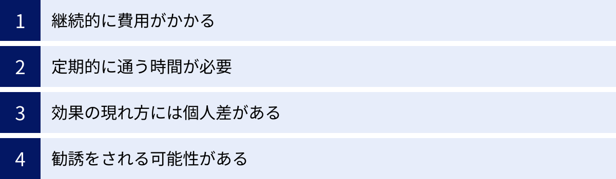 継続的に費用がかかる、定期的に通う時間が必要、効果の現れ方には個人差がある、勧誘をされる可能性がある