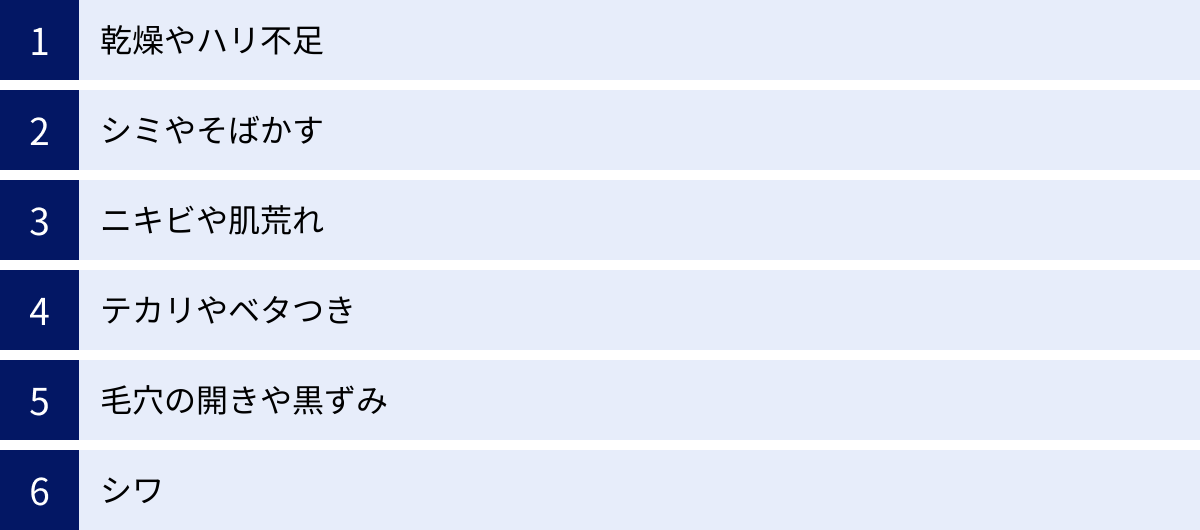 乾燥やハリ不足、シミやそばかす、ニキビや肌荒れ、テカリやベタつき、毛穴の開きや黒ずみ、シワ