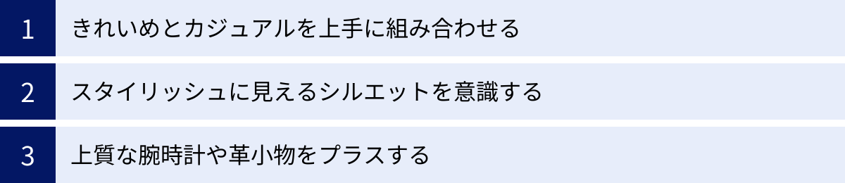 きれいめとカジュアルを上手に組み合わせる、スタイリッシュに見えるシルエットを意識する、上質な腕時計や革小物をプラスする