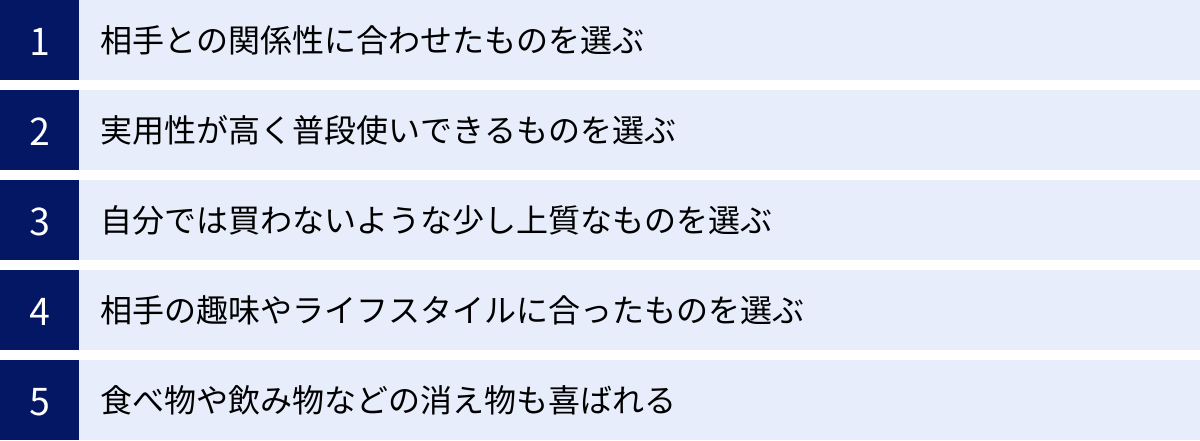 相手との関係性に合わせたものを選ぶ、実用性が高く普段使いできるものを選ぶ、自分では買わないような少し上質なものを選ぶ、相手の趣味やライフスタイルに合ったものを選ぶ、食べ物や飲み物などの消え物も喜ばれる