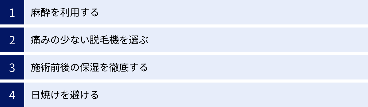 麻酔を利用する、痛みの少ない脱毛機を選ぶ、施術前後の保湿を徹底する、日焼けを避ける