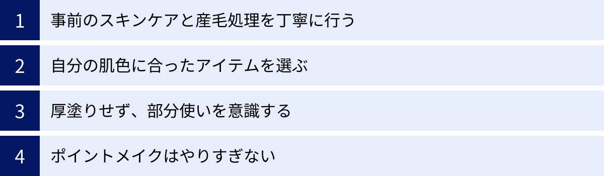 事前のスキンケアと産毛処理を丁寧に行う、自分の肌色に合ったアイテムを選ぶ、厚塗りせず、部分使いを意識する、ポイントメイクはやりすぎない
