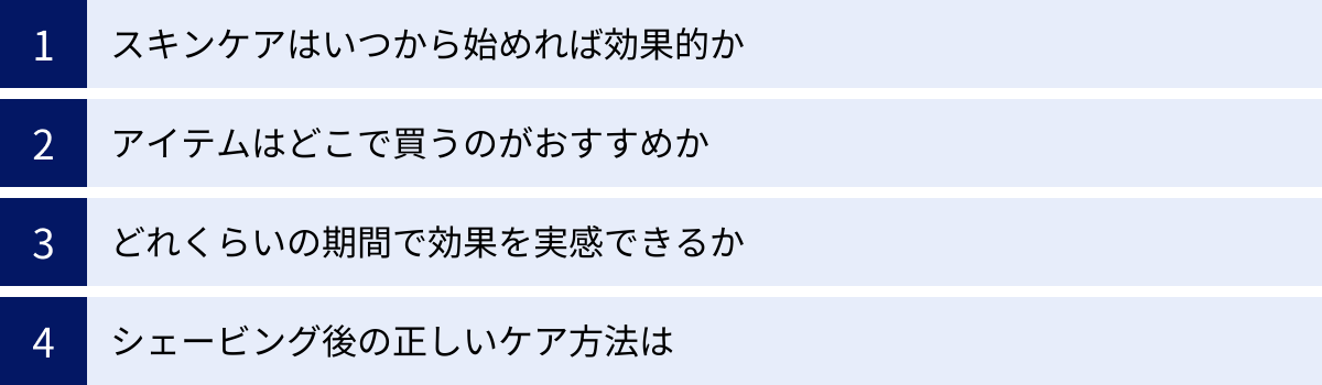 スキンケアはいつから始めれば効果的か、アイテムはどこで買うのがおすすめか、どれくらいの期間で効果を実感できるか、シェービング後の正しいケア方法は