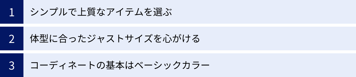 シンプルで上質なアイテムを選ぶ、体型に合ったジャストサイズを心がける、コーディネートの基本はベーシックカラー