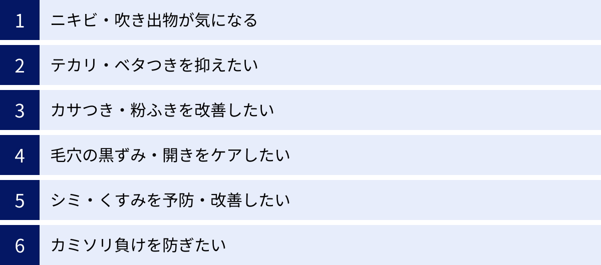 ニキビ・吹き出物が気になる、テカリ・ベタつきを抑えたい、カサつき・粉ふきを改善したい、毛穴の黒ずみ・開きをケアしたい、シミ・くすみを予防・改善したい、カミソリ負けを防ぎたい