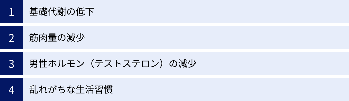 基礎代謝の低下、筋肉量の減少、男性ホルモン（テストステロン）の減少、乱れがちな生活習慣