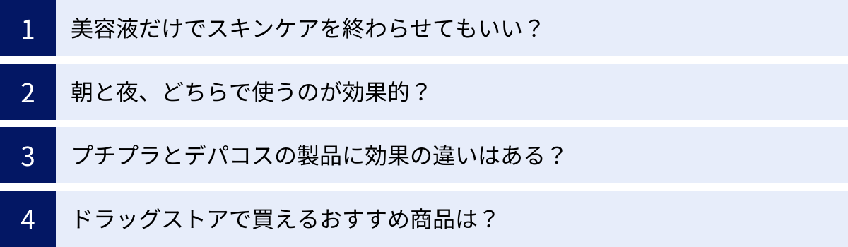 美容液だけでスキンケアを終わらせてもいい?、朝と夜、どちらで使うのが効果的?、プチプラとデパコスの製品に効果の違いはある?、ドラッグストアで買えるおすすめ商品は?