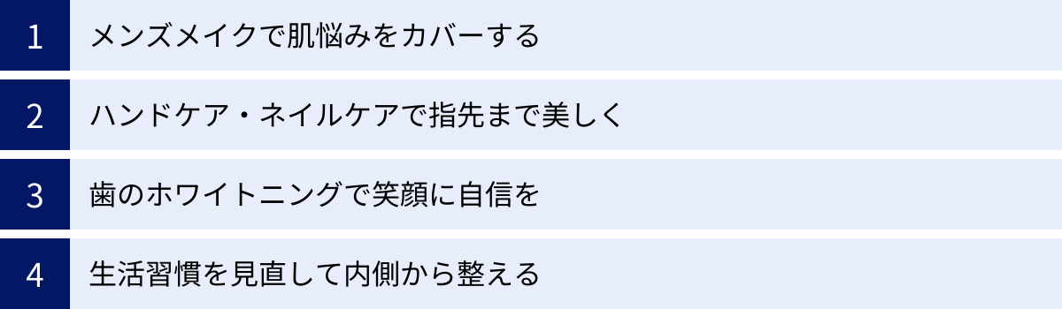 メンズメイクで肌悩みをカバーする、ハンドケア・ネイルケアで指先まで美しく、歯のホワイトニングで笑顔に自信を、生活習慣を見直して内側から整える