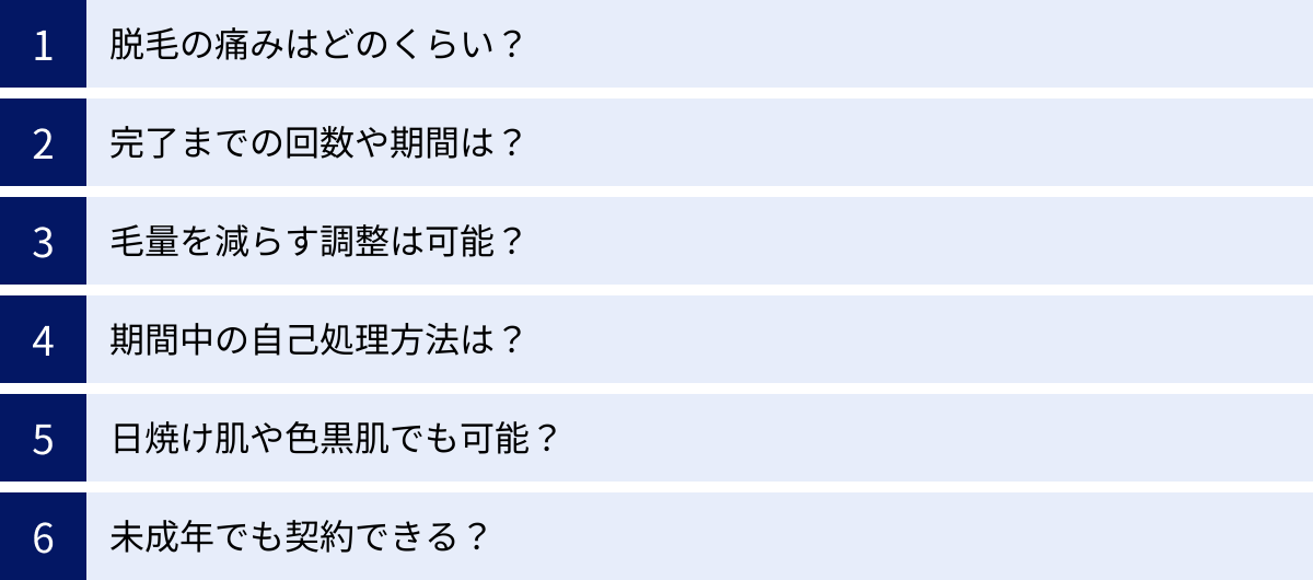 脱毛の痛みはどのくらい？、完了までの回数や期間は？、毛量を減らす調整は可能？、期間中の自己処理方法は？、日焼け肌や色黒肌でも可能？、未成年でも契約できる？