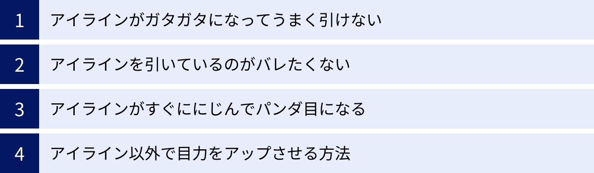 アイラインがガタガタになってうまく引けない、アイラインを引いているのがバレたくない、アイラインがすぐににじんでパンダ目になる、アイライン以外で目力をアップさせる方法