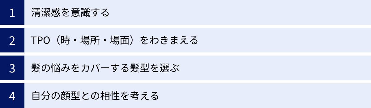 清潔感を意識する、TPO（時・場所・場面）をわきまえる、髪の悩みをカバーする髪型を選ぶ、自分の顔型との相性を考える