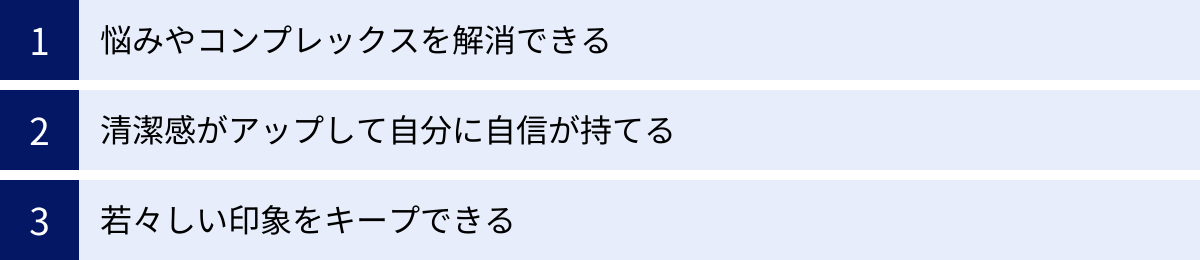 悩みやコンプレックスを解消できる、清潔感がアップして自分に自信が持てる、若々しい印象をキープできる