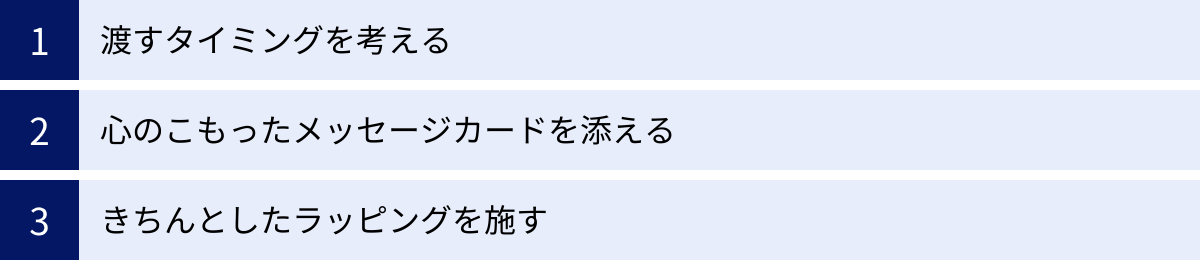 渡すタイミングを考える、心のこもったメッセージカードを添える、きちんとしたラッピングを施す