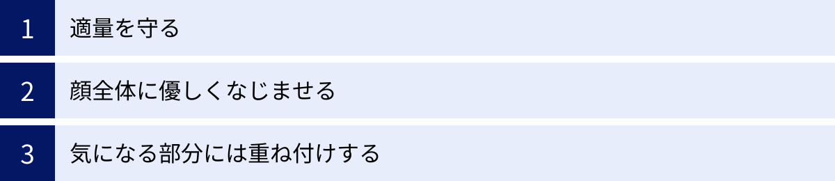 適量を守る、顔全体に優しくなじませる、気になる部分には重ね付けする