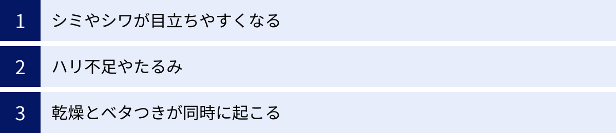 シミやシワが目立ちやすくなる、ハリ不足やたるみ、乾燥とベタつきが同時に起こる