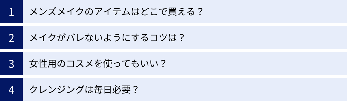 メンズメイクのアイテムはどこで買える？、メイクがバレないようにするコツは？、女性用のコスメを使ってもいい？、クレンジングは毎日必要？