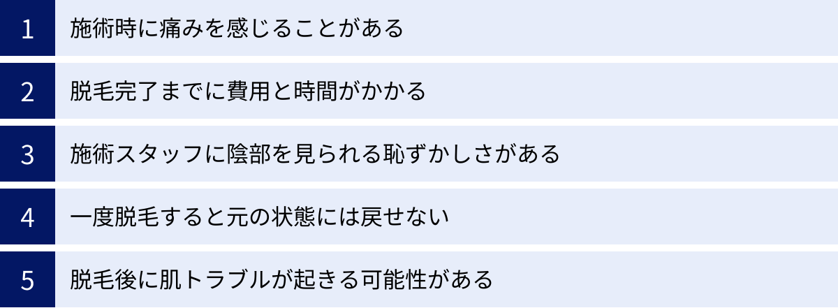 施術時に痛みを感じることがある、脱毛完了までに費用と時間がかかる、施術スタッフに陰部を見られる恥ずかしさがある、一度脱毛すると元の状態には戻せない、脱毛後に肌トラブルが起きる可能性がある