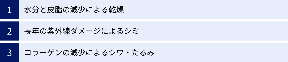 水分と皮脂の減少による乾燥、長年の紫外線ダメージによるシミ、コラーゲンの減少によるシワ・たるみ