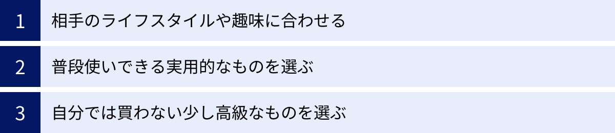 相手のライフスタイルや趣味に合わせる、普段使いできる実用的なものを選ぶ、自分では買わない少し高級なものを選ぶ