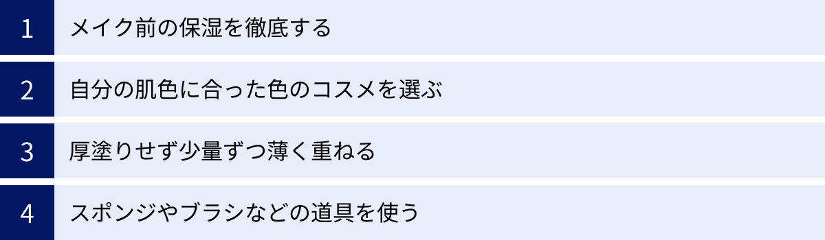 メイク前の保湿を徹底する、自分の肌色に合った色のコスメを選ぶ、厚塗りせず少量ずつ薄く重ねる、スポンジやブラシなどの道具を使う
