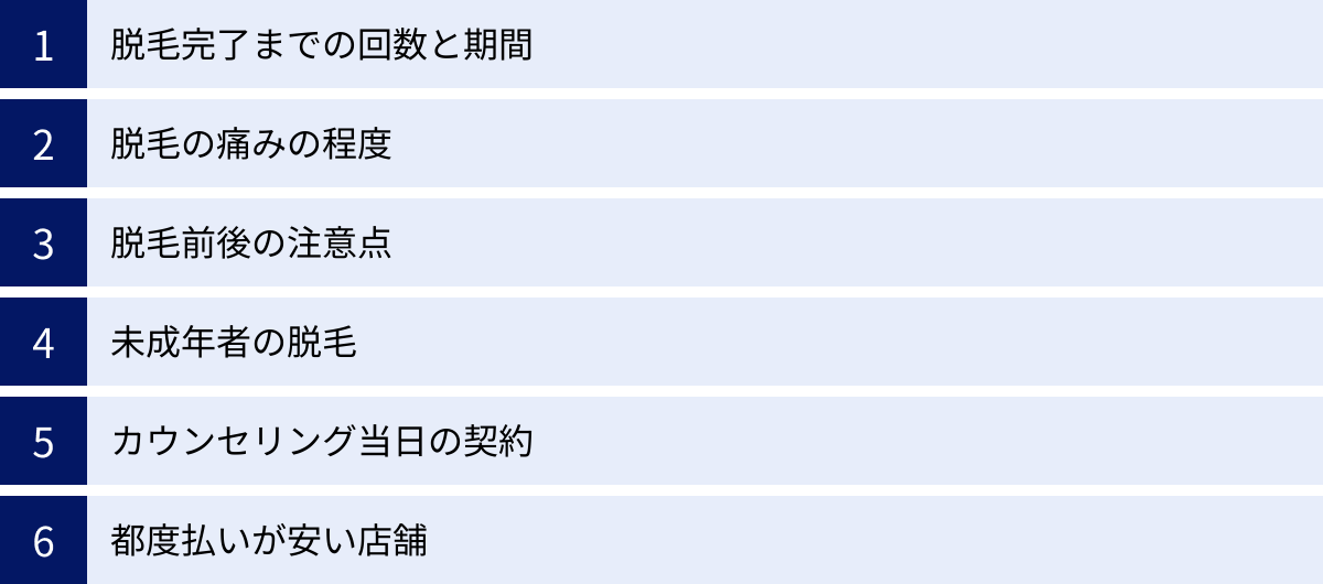 脱毛完了までの回数と期間、脱毛の痛みの程度、脱毛前後の注意点、未成年者の脱毛、カウンセリング当日の契約、都度払いが安い店舗