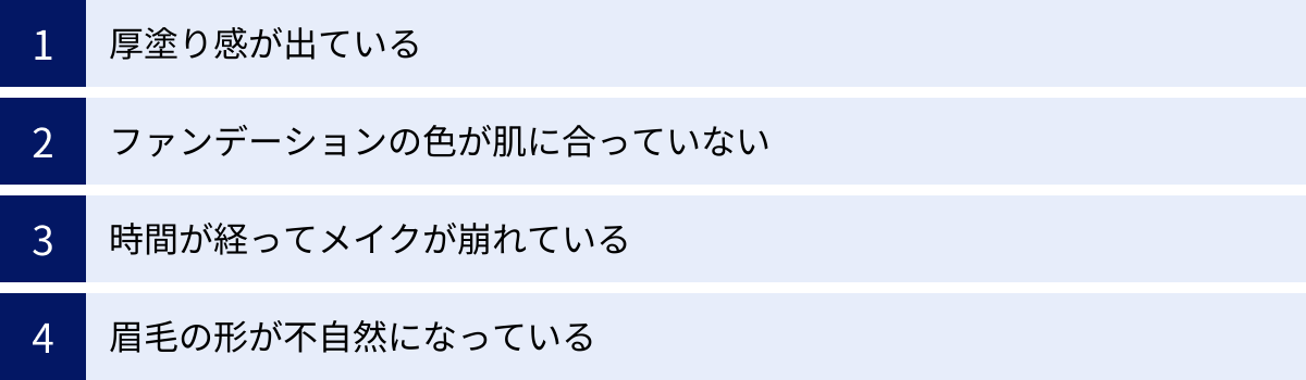 厚塗り感が出ている、ファンデーションの色が肌に合っていない、時間が経ってメイクが崩れている、眉毛の形が不自然になっている