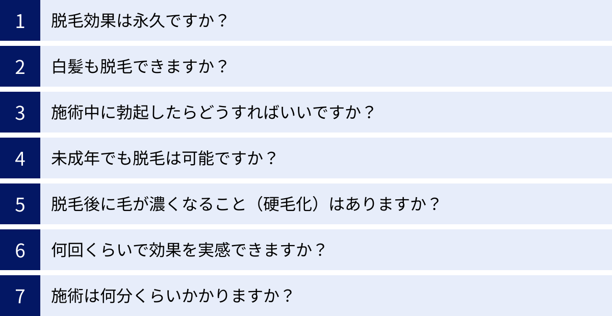 脱毛効果は永久ですか？、白髪も脱毛できますか？、施術中に勃起したらどうすればいいですか？、未成年でも脱毛は可能ですか？、脱毛後に毛が濃くなること（硬毛化）はありますか？、何回くらいで効果を実感できますか？、施術は何分くらいかかりますか？
