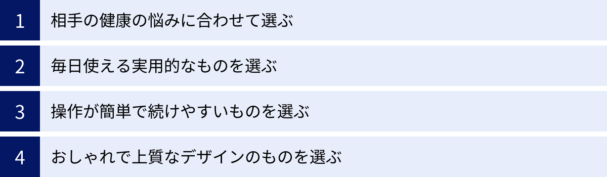 相手の健康の悩みに合わせて選ぶ、毎日使える実用的なものを選ぶ、操作が簡単で続けやすいものを選ぶ、おしゃれで上質なデザインのものを選ぶ