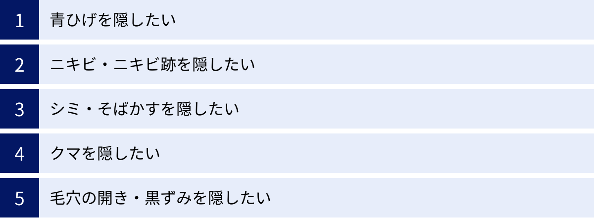 青ひげを隠したい、ニキビ・ニキビ跡を隠したい、シミ・そばかすを隠したい、クマを隠したい、毛穴の開き・黒ずみを隠したい