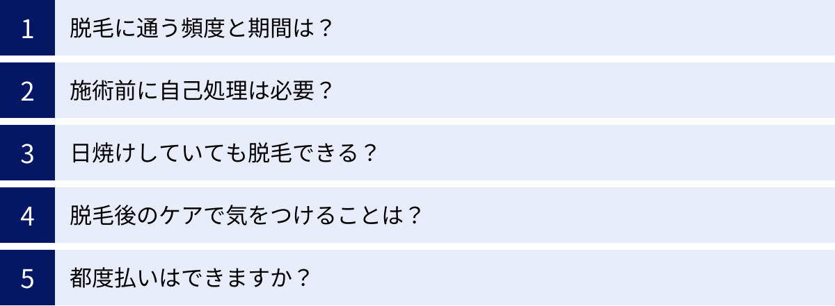 脱毛に通う頻度と期間は？、施術前に自己処理は必要？、日焼けしていても脱毛できる？、脱毛後のケアで気をつけることは？、都度払いはできますか？