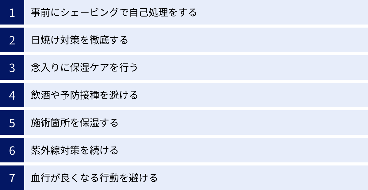 事前にシェービングで自己処理をする、日焼け対策を徹底する、念入りに保湿ケアを行う、飲酒や予防接種を避ける、施術箇所を保湿する、紫外線対策を続ける、血行が良くなる行動を避ける
