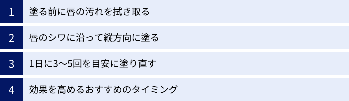 塗る前に唇の汚れを拭き取る、唇のシワに沿って縦方向に塗る、1日に3〜5回を目安に塗り直す、効果を高めるおすすめのタイミング