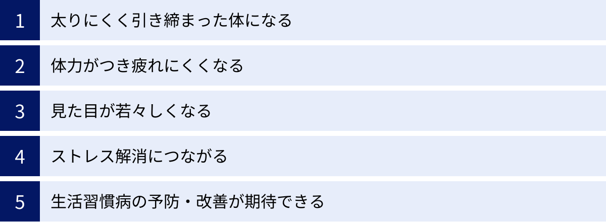 太りにくく引き締まった体になる、体力がつき疲れにくくなる、見た目が若々しくなる、ストレス解消につながる、生活習慣病の予防・改善が期待できる