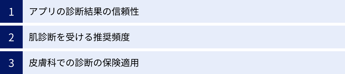 アプリの診断結果の信頼性、肌診断を受ける推奨頻度、皮膚科での診断の保険適用