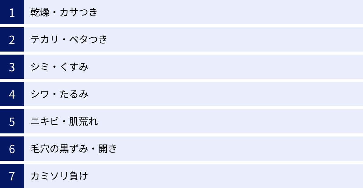 乾燥・カサつき、テカリ・ベタつき、シミ・くすみ、シワ・たるみ、ニキビ・肌荒れ、毛穴の黒ずみ・開き、カミソリ負け