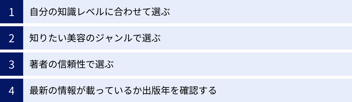 自分の知識レベルに合わせて選ぶ、知りたい美容のジャンルで選ぶ、著者の信頼性で選ぶ、最新の情報が載っているか出版年を確認する
