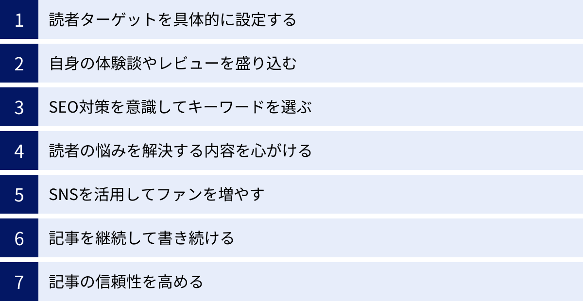 読者ターゲットを具体的に設定する、自身の体験談やレビューを盛り込む、SEO対策を意識してキーワードを選ぶ、読者の悩みを解決する内容を心がける、SNSを活用してファンを増やす、記事を継続して書き続ける、記事の信頼性を高める