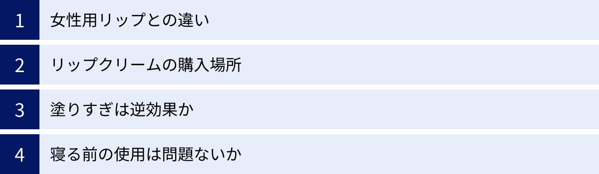 女性用リップとの違い、リップクリームの購入場所、塗りすぎは逆効果か、寝る前の使用は問題ないか