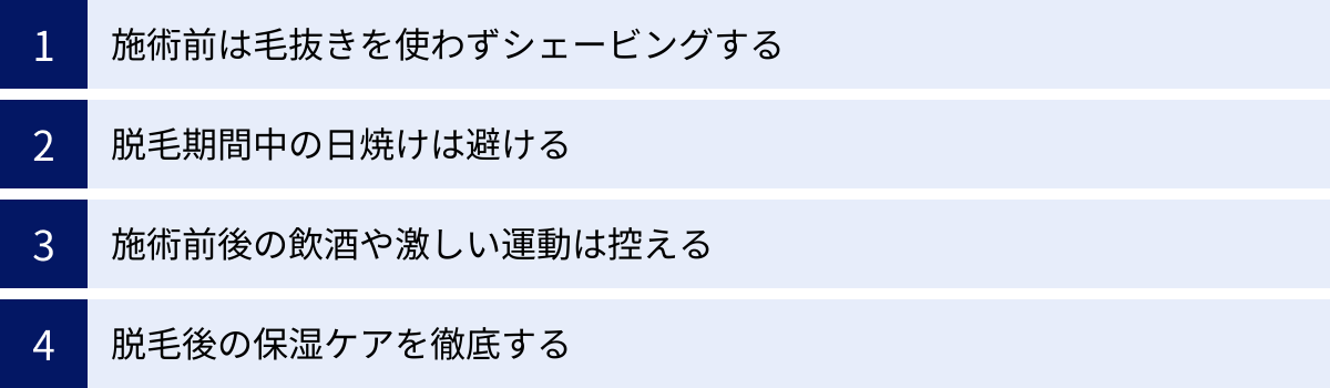 施術前は毛抜きを使わずシェービングする、脱毛期間中の日焼けは避ける、施術前後の飲酒や激しい運動は控える、脱毛後の保湿ケアを徹底する