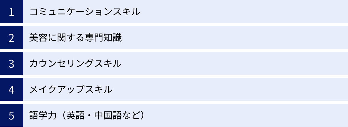 コミュニケーションスキル、美容に関する専門知識、カウンセリングスキル、メイクアップスキル、語学力（英語・中国語など）