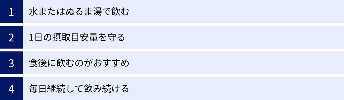 水またはぬるま湯で飲む、1日の摂取目安量を守る、食後に飲むのがおすすめ、毎日継続して飲み続ける