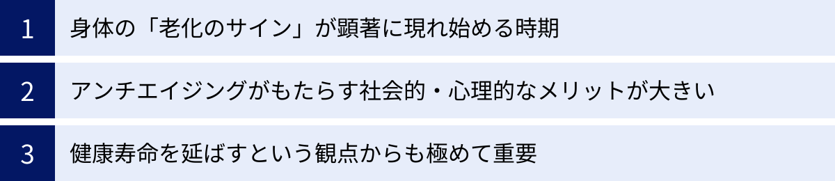 身体の「老化のサイン」が顕著に現れ始める時期、アンチエイジングがもたらす社会的・心理的なメリットが大きい、健康寿命を延ばすという観点からも極めて重要